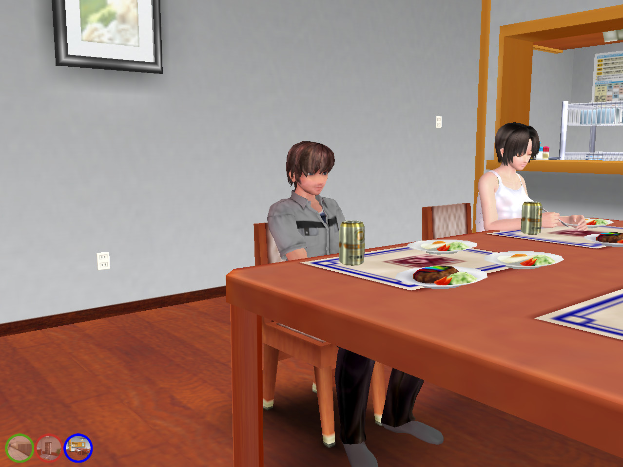 Protagonist sitting at the table with an artificial girl, looking bored